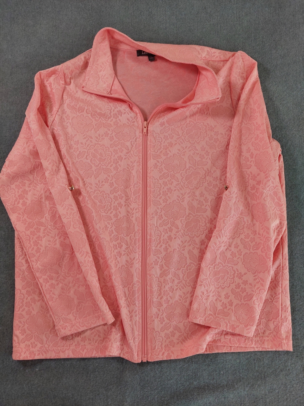 Laurel Grey Pink Floral Jacquard Zip Up Jacket Roll Tab Sleeves Size L - Picture 5 of 8